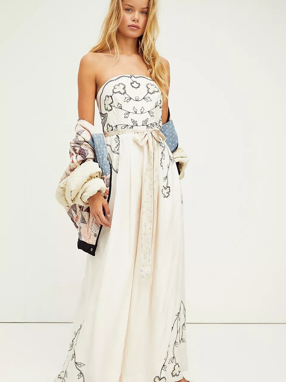 Free People ivory satin "Faintly Graphic" wide-leg strapless jumpsuit - Picture 1 of 7